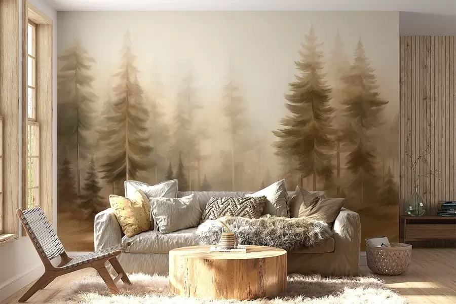 murales de pared Un bosque frondoso con altos pinos envueltos en una ligera niebla; obra de arte paisajística con textura w09830
