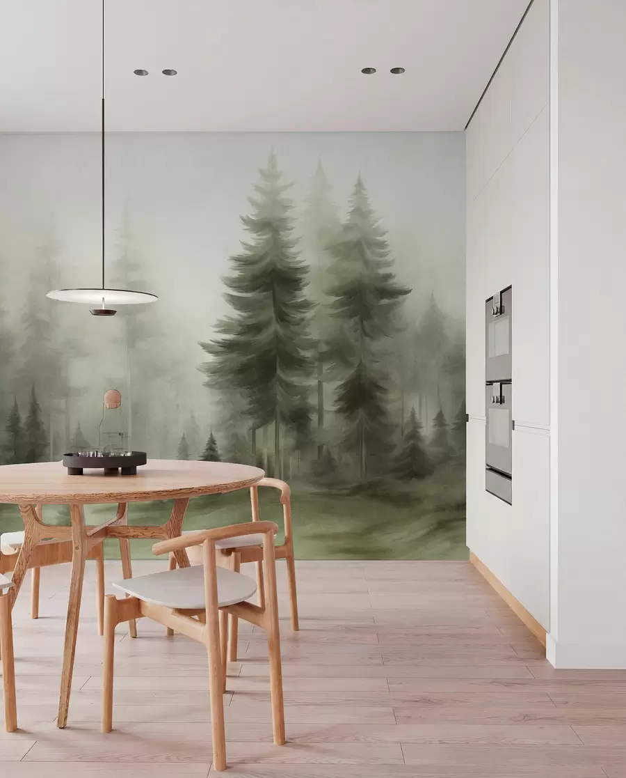 murales de pared Un bosque frondoso con altos pinos envueltos en una ligera niebla; obra de arte paisajística con textura w09830v1