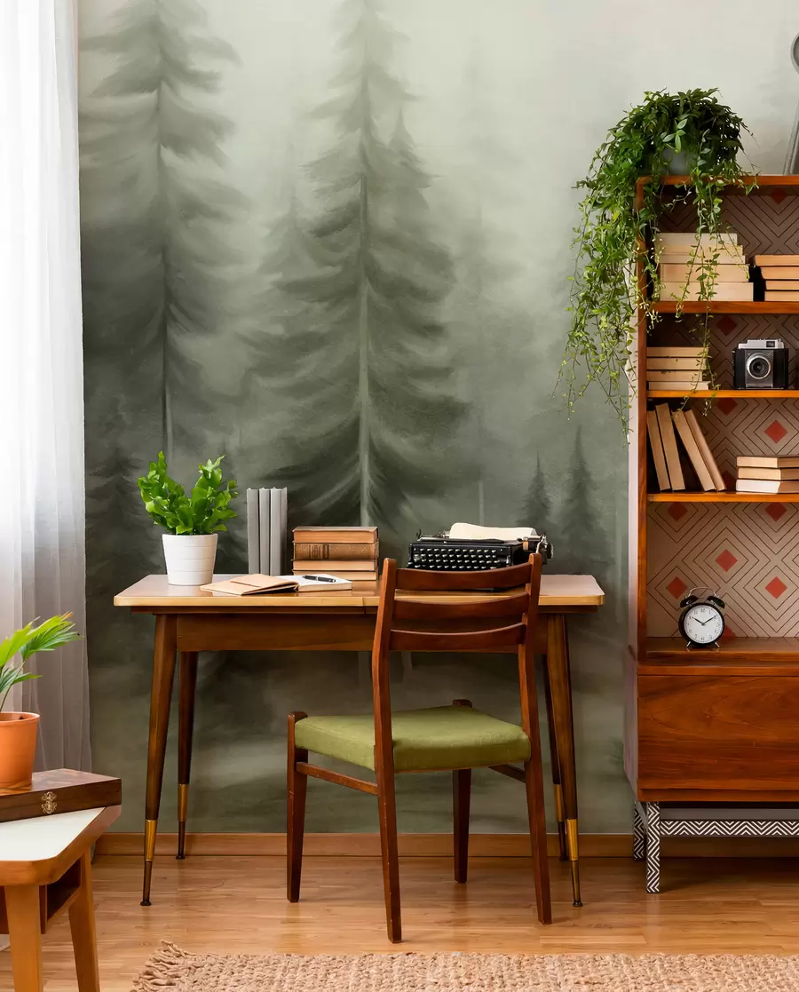 murales de pared Un bosque frondoso con altos pinos envueltos en una ligera niebla; obra de arte paisajística con textura w09830v1