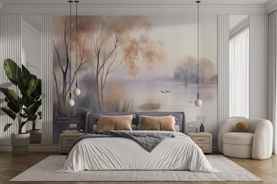 murales de pared Paisaje: un lago envuelto en niebla con árboles y juncos, pájaros volando, estilo de pintura en acuarela con textura w09866