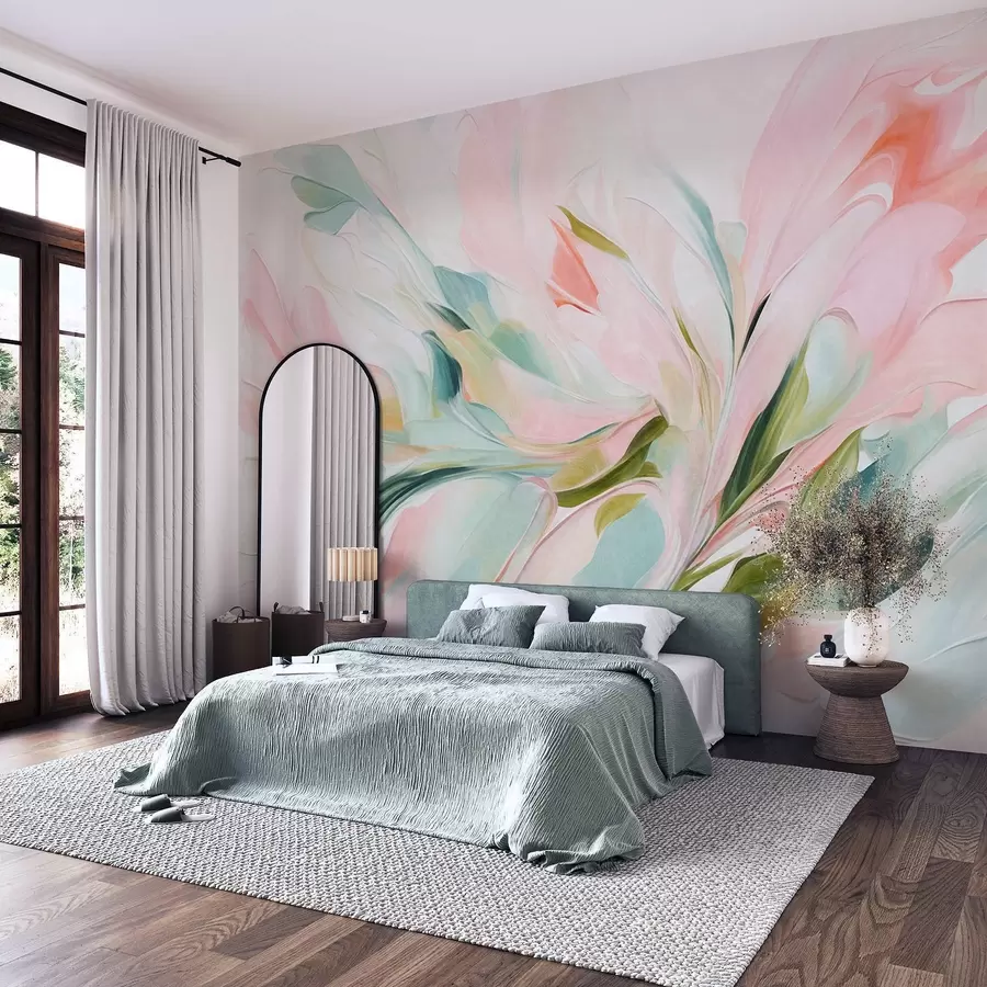 murales de pared Pintura floral abstracta con suaves pinceladas en tonos pastel sobre un fondo claro w09871