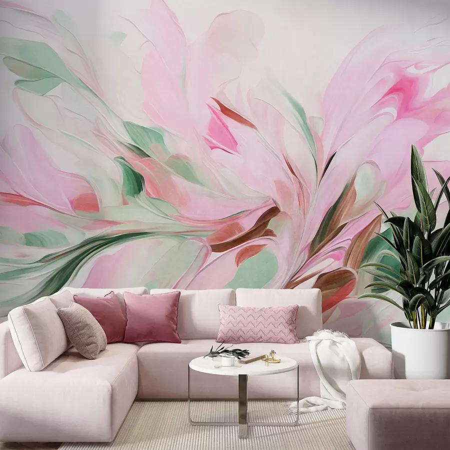 murales de pared Pintura floral abstracta con suaves pinceladas en tonos pastel sobre un fondo claro w09871v1