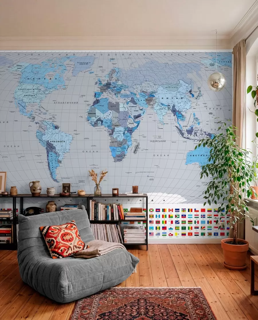 murales de pared Un mapa político del mundo con banderas en tonos azules, en ucraniano c00004ukv3