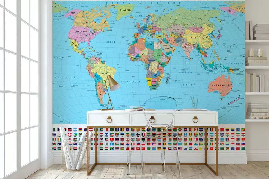 murales de pared Un mapa político del mundo en color verde oliva con banderas, en francés c00004fr