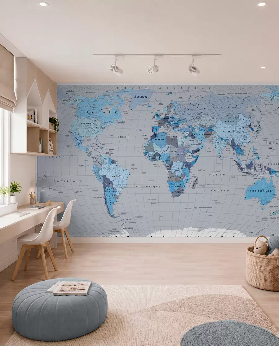 murales de pared Un mapa político del mundo con banderas en tonos azules, en francés c00004frv3