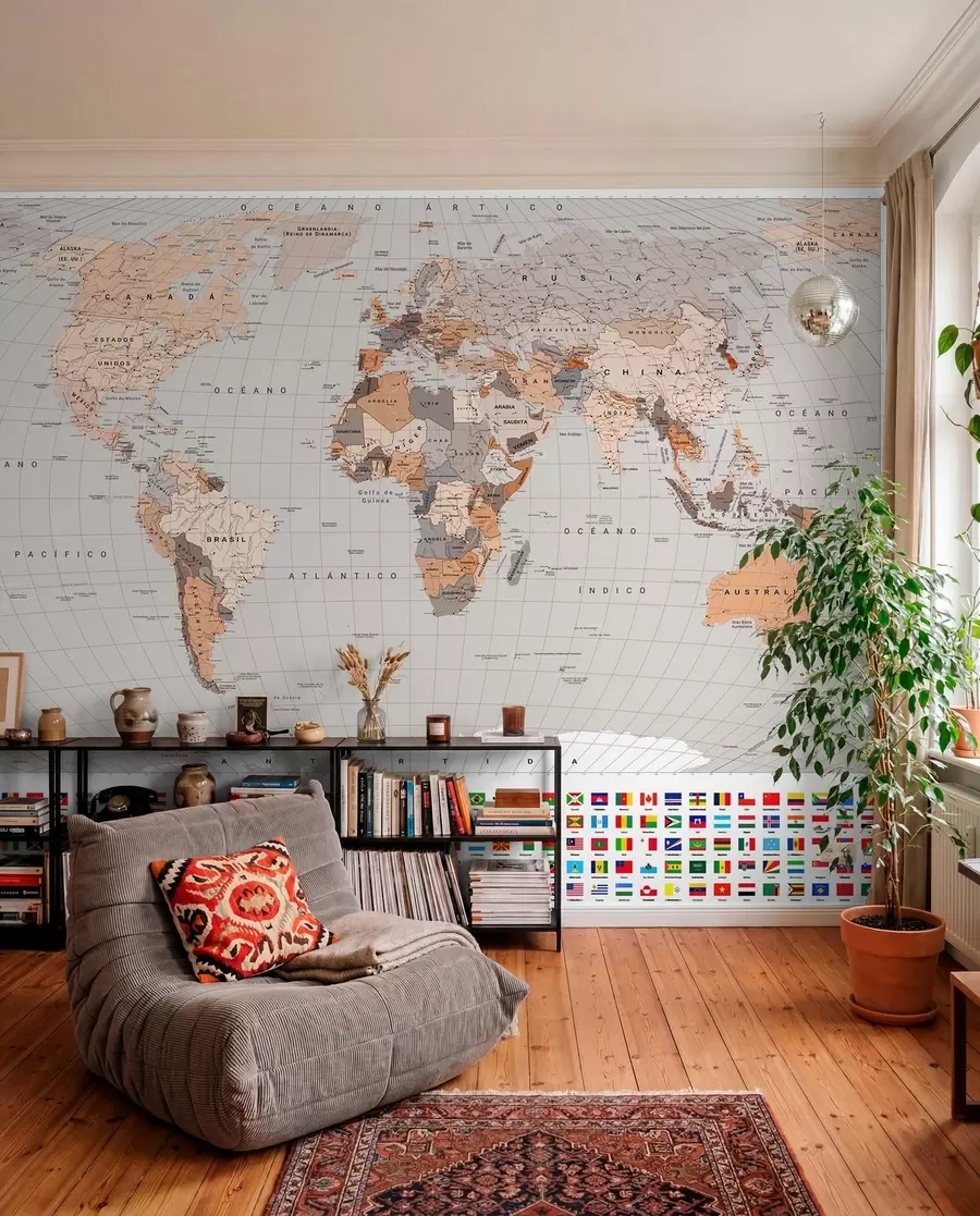 murales de pared Un mapa político del mundo con banderas en tonos marrones y beige (en español) c00004esv2