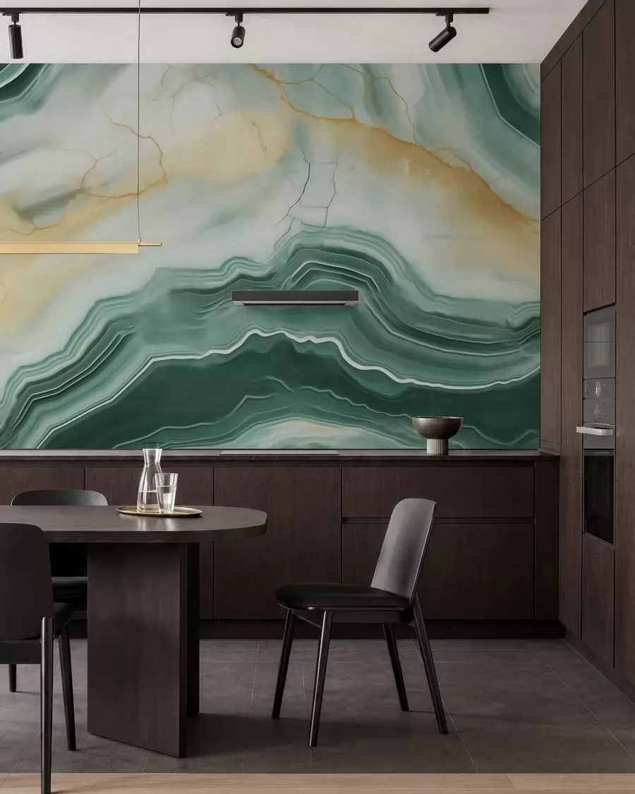 murales de pared Imitación de un patrón abstracto con textura de mármol, en tonos verdes y amarillos w05587