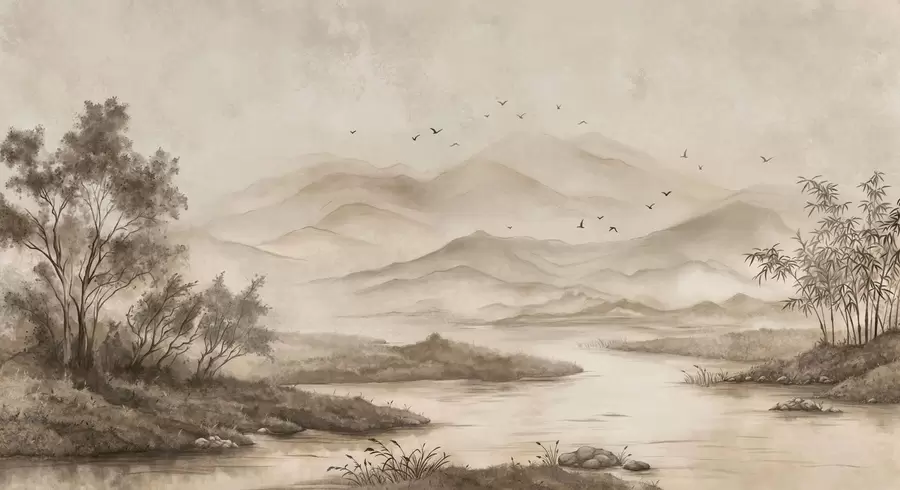 murales de pared Paisaje de montaña brumoso con un río y pájaros w05535