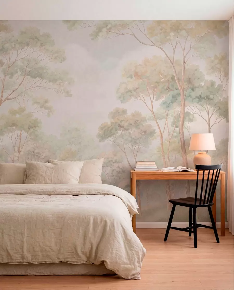 murales de pared Escena forestal luminosa con árboles altos w05624