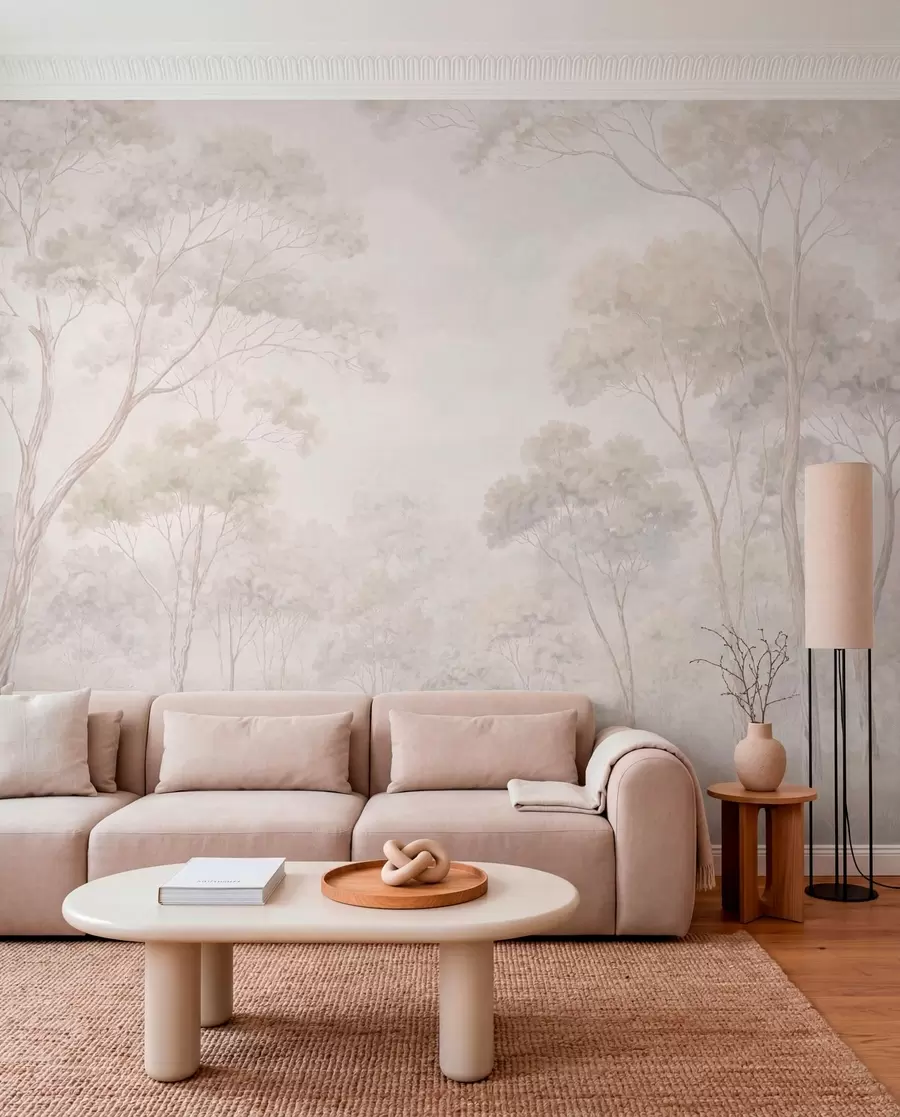 murales de pared Un bosque brumoso y apacible en tonos pastel w05624v1