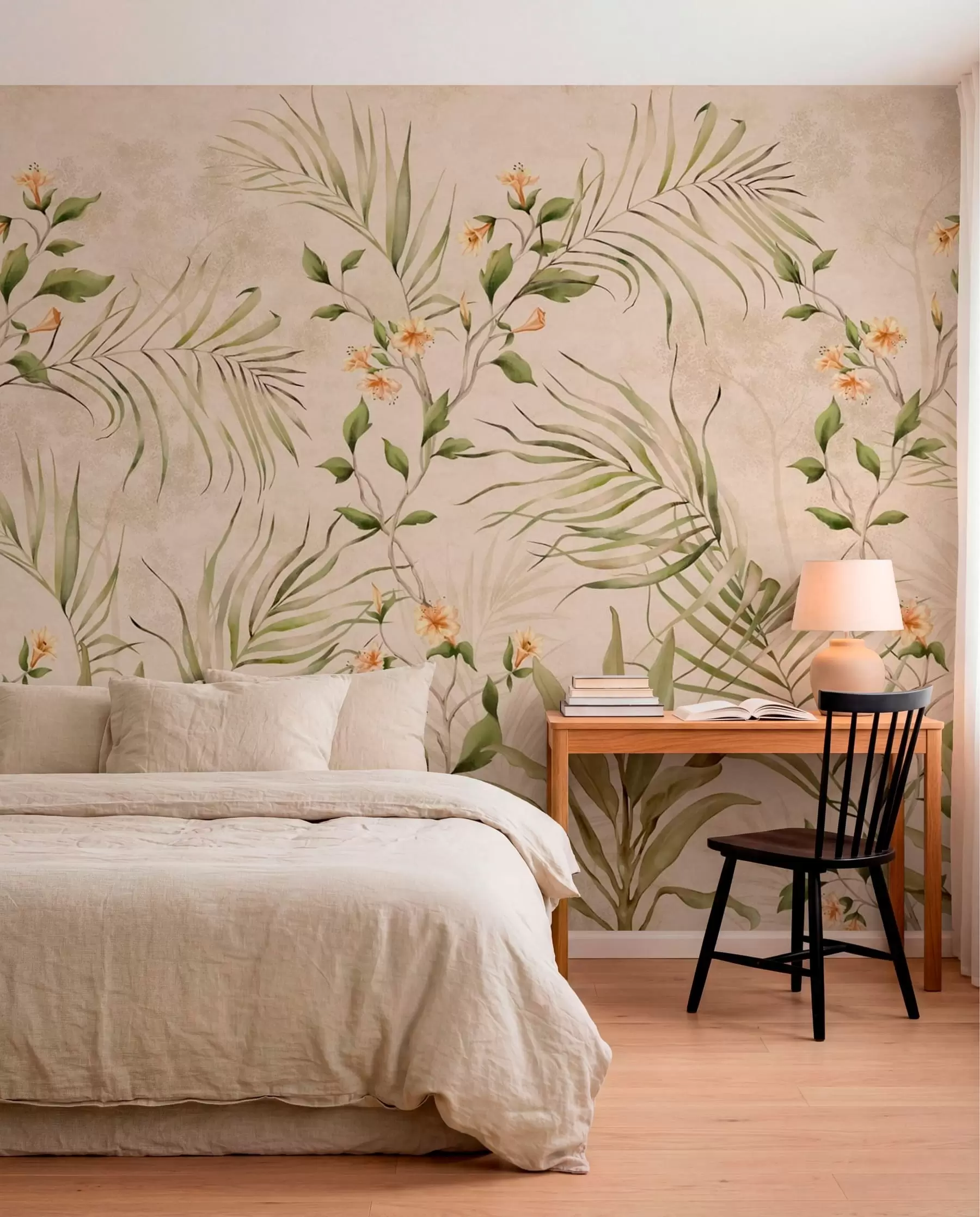 murales de pared Hojas tropicales y flores delicadas sobre un fondo beige w05625