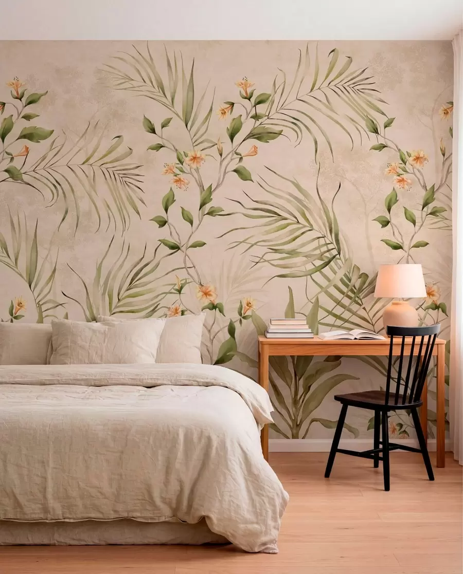 murales de pared Hojas tropicales y flores delicadas sobre un fondo beige w05625