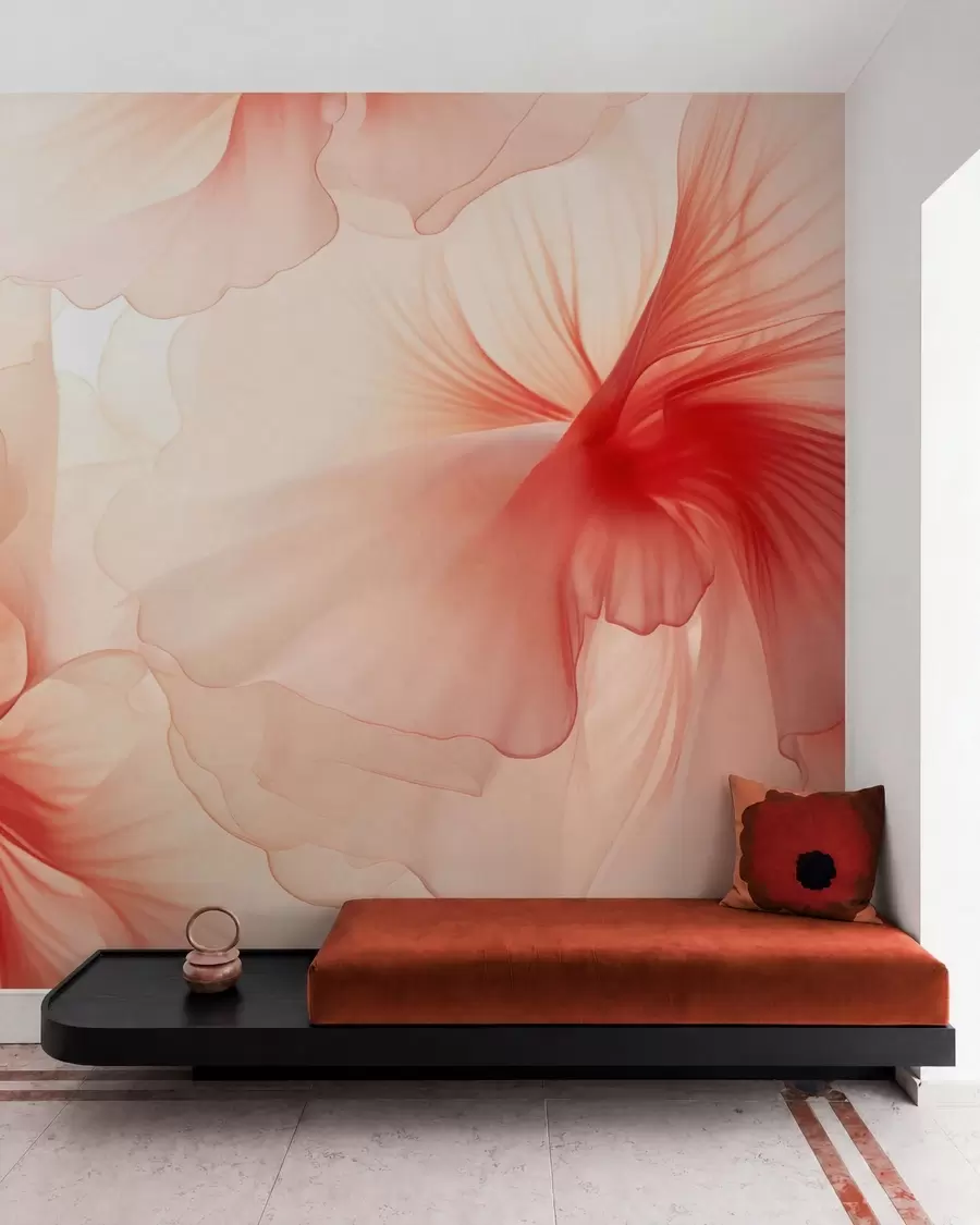 murales de pared Flores en tonos rosados suaves con pétalos vaporosos y translúcidos, al estilo acuarela; una elegante composición floral w05360