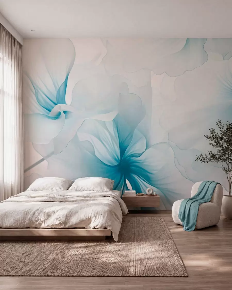 murales de pared Flores en tonos rosados suaves con pétalos vaporosos y translúcidos, al estilo acuarela; una elegante composición floral w05360v2