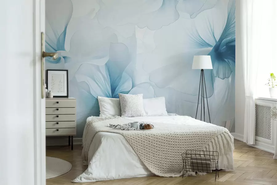 murales de pared Flores en tonos rosados suaves con pétalos vaporosos y translúcidos, al estilo acuarela; una elegante composición floral w05360v2