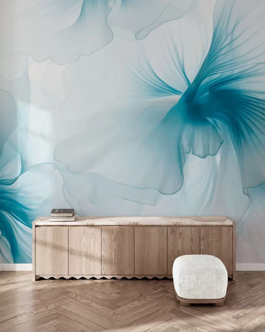 murales de pared Flores en tonos rosados suaves con pétalos vaporosos y translúcidos, al estilo acuarela; una elegante composición floral w05360v2
