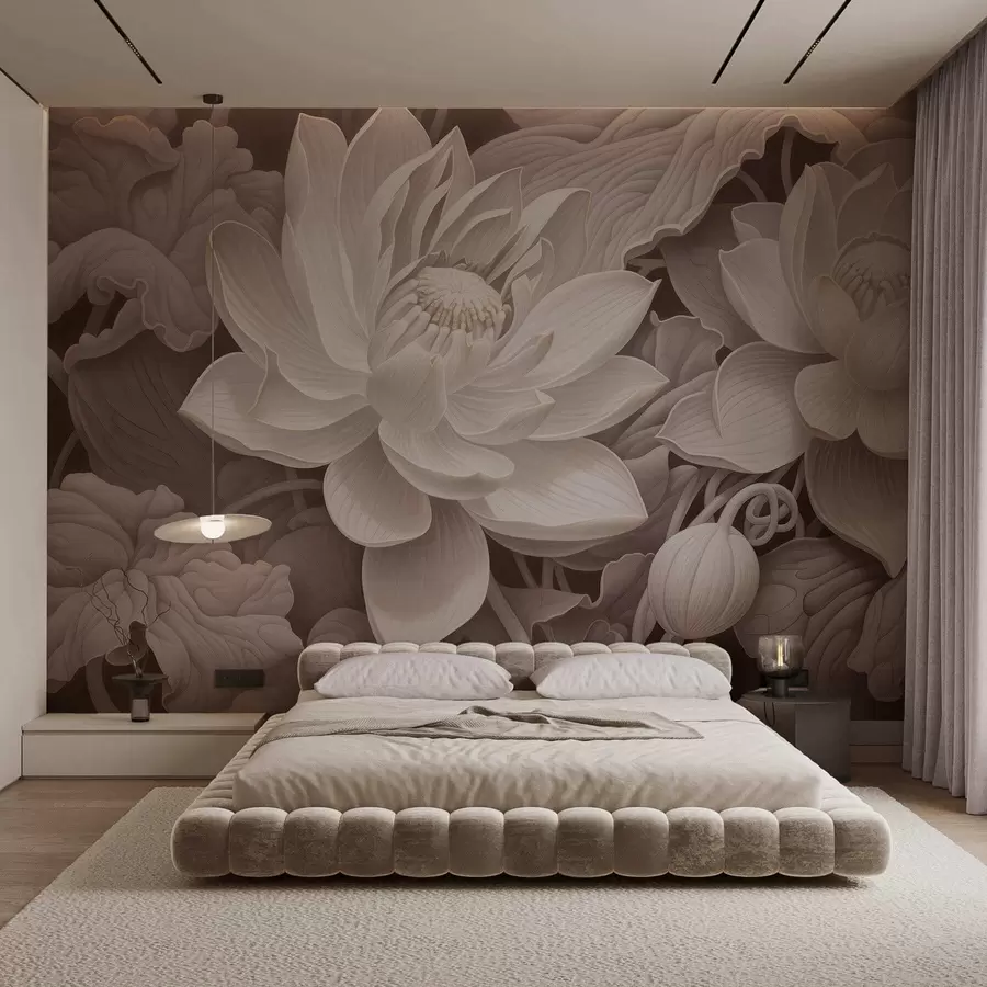 murales de pared Flores de loto de estilo vintage con suaves tonos sepia y pétalos detallados; ilustración botánica artística w05494v1