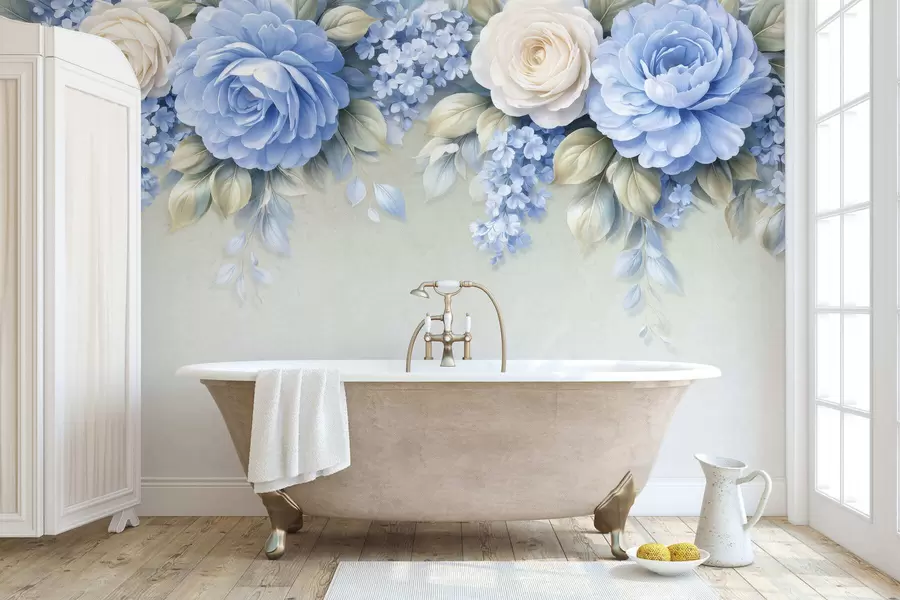 murales de pared Delicadas rosas y ramilletes florales en una composición botánica de inspiración porcelánica, con pétalos suaves dispuestos en capas y elegantes hojas onduladas w05495