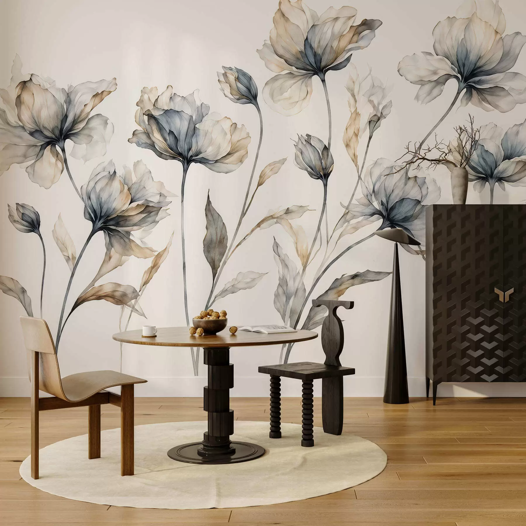 murales de pared Flores elegantes y ligeras, con pétalos translúcidos en capas y tallos largos y delicados w05579