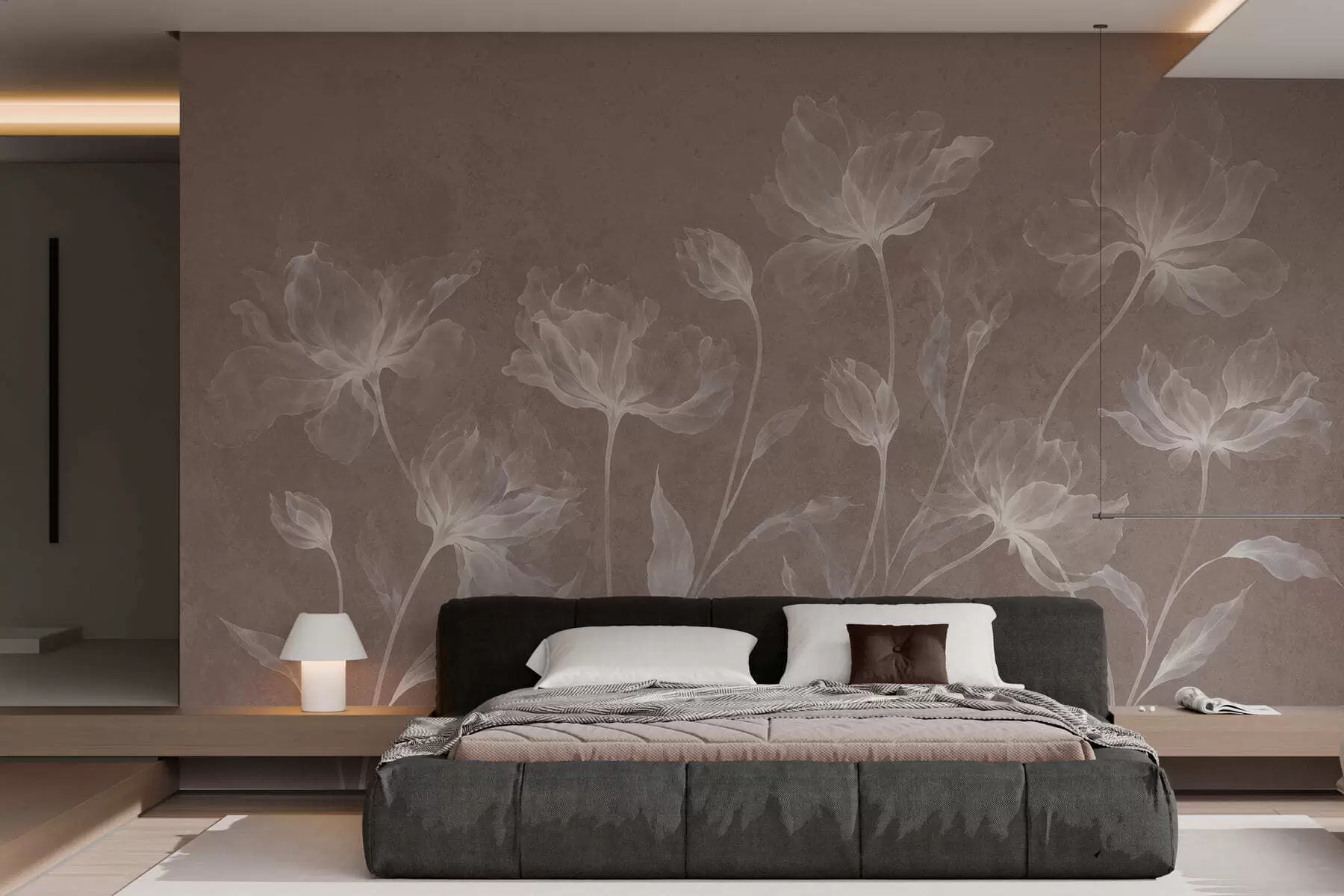 murales de pared Flores elegantes y ligeras, con pétalos translúcidos en capas y tallos largos y delicados w05579v3
