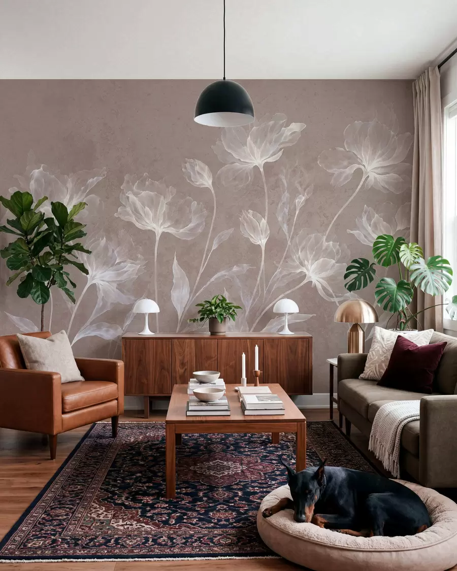 murales de pared Flores elegantes y ligeras, con pétalos translúcidos en capas y tallos largos y delicados w05579v3