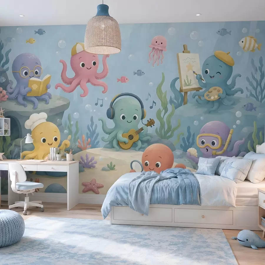 murales de pared Alegres y creativos pulpos del mundo submarino w05568