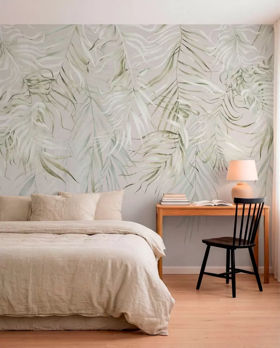 murales de pared Hojas tropicales en tonos pastel sobre un fondo claro w05627