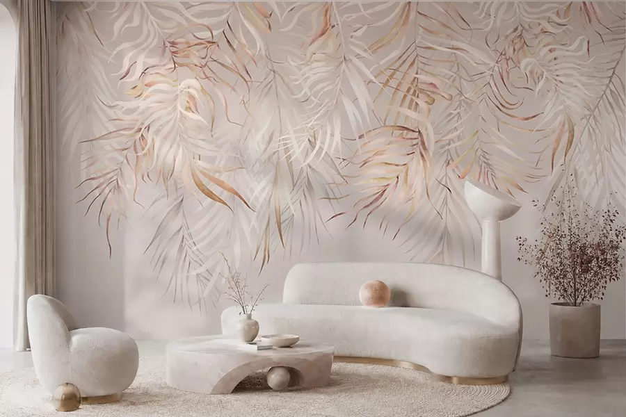 murales de pared Hojas tropicales claras sobre fondo beige w05627v2