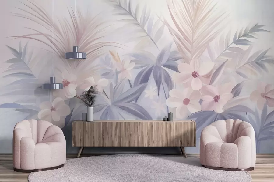 murales de pared Flores tropicales y hojas de palmera en tonos apagados de azul y rosa, estilo pictórico w09832