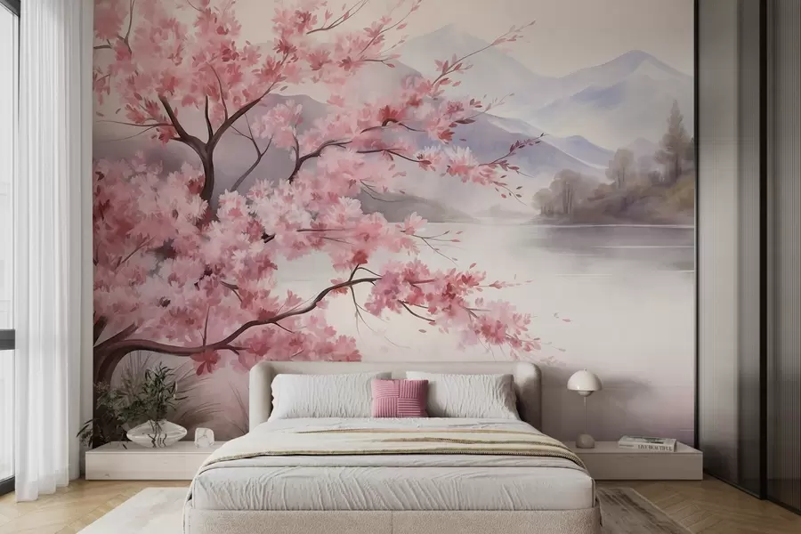 murales de pared Paisaje: un árbol con flores rosas, un lago y montañas envueltas en niebla al fondo w09870