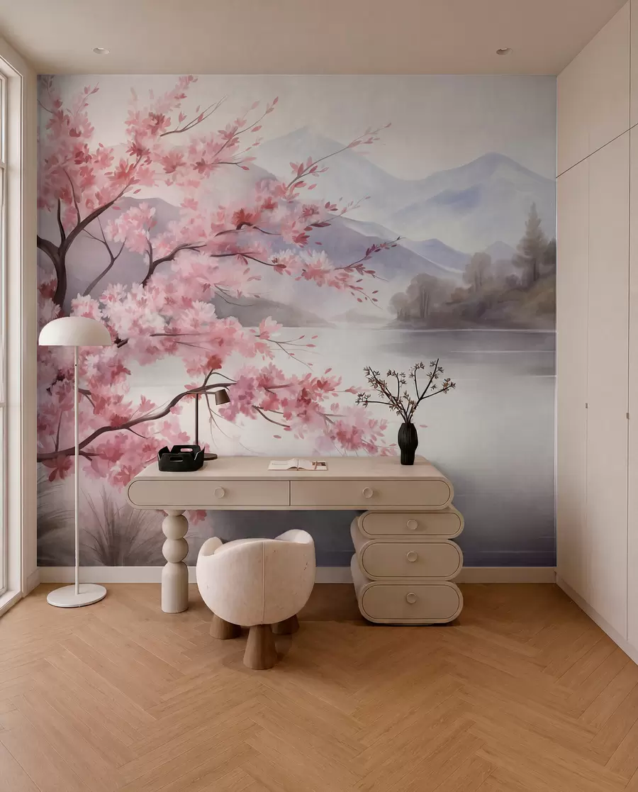 murales de pared Paisaje: un árbol con flores rosas, un lago y montañas envueltas en niebla al fondo w09870