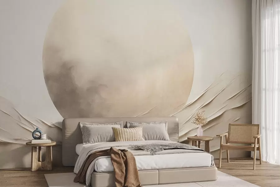 murales de pared Formas abstractas, onduladas y de color crema con una gran esfera pálida; arte moderno minimalista w09895