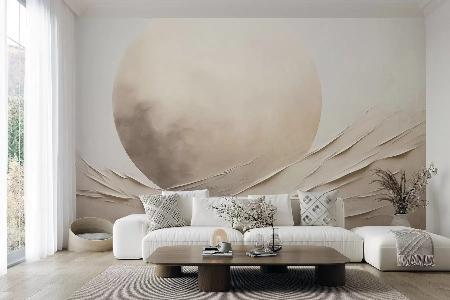 murales de pared Formas abstractas, onduladas y de color crema con una gran esfera pálida; arte moderno minimalista w09895