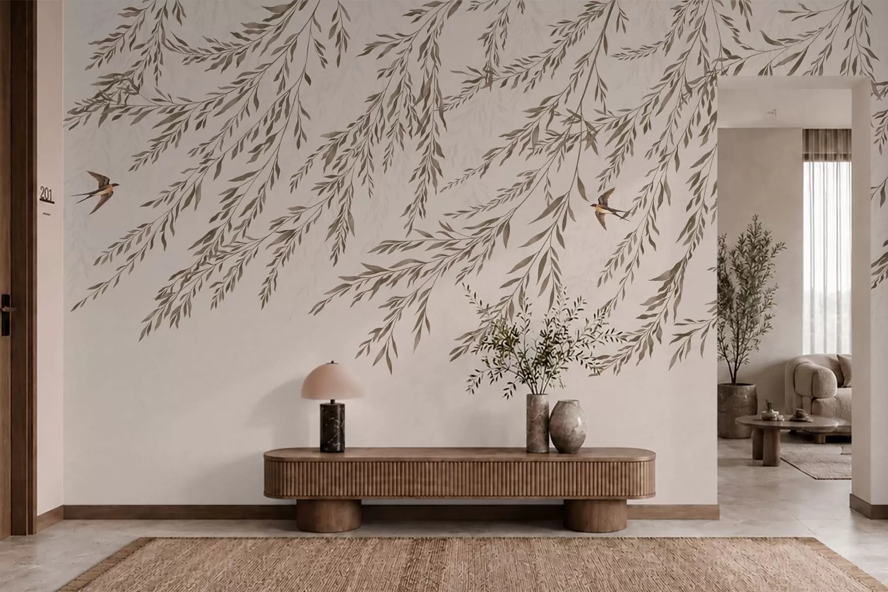murales de pared Ramas de color beige y golondrinas sobre un fondo claro w05630v1