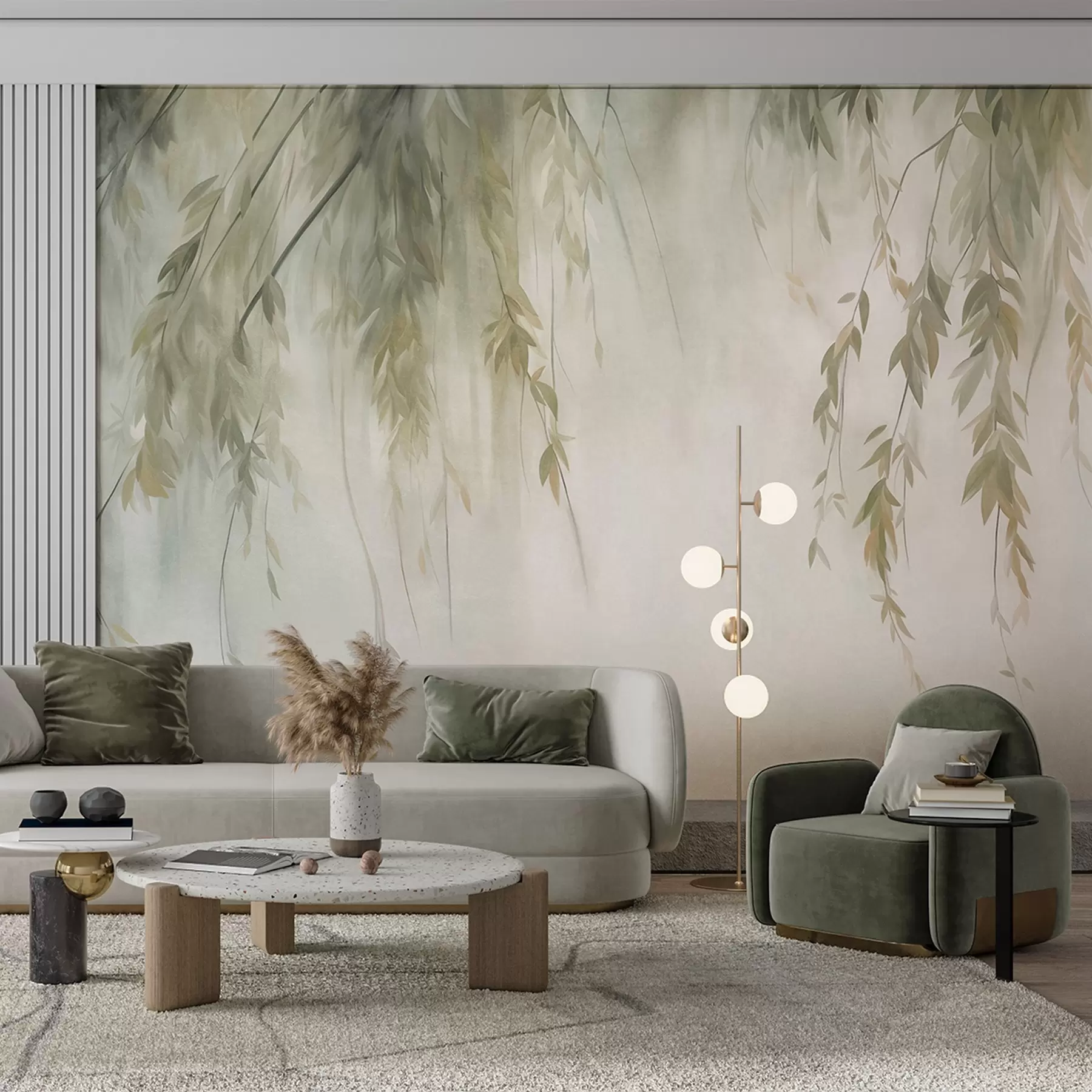 murales de pared Ramas de sauce con hojas de color verde pálido que cuelgan sobre un fondo tenue, al estilo de la acuarela w09893