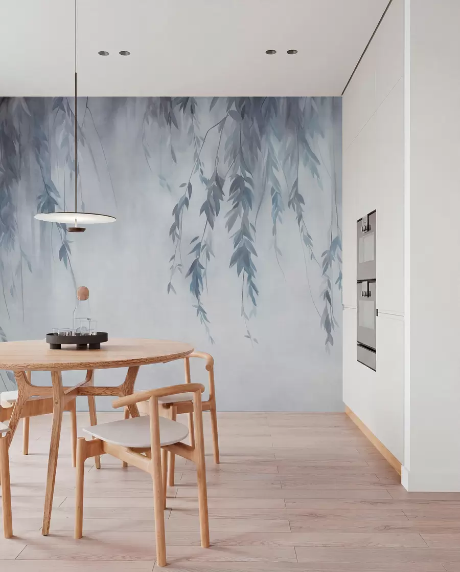 murales de pared Ramas de sauce con hojas de color azul pálido que cuelgan sobre un fondo tenue, al estilo de una acuarela w09893v2