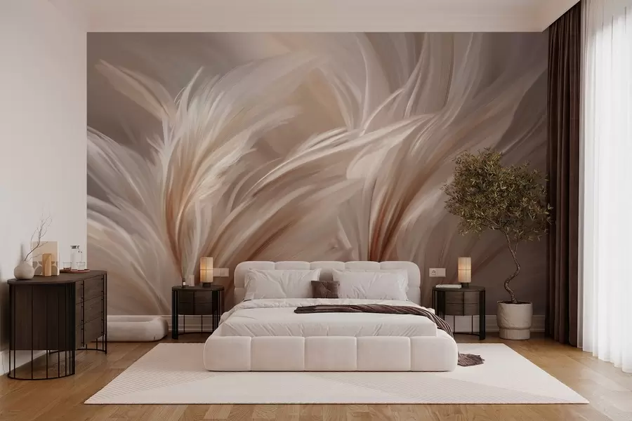 murales de pared Elegantes plumas en tonos beige y marrón w05658