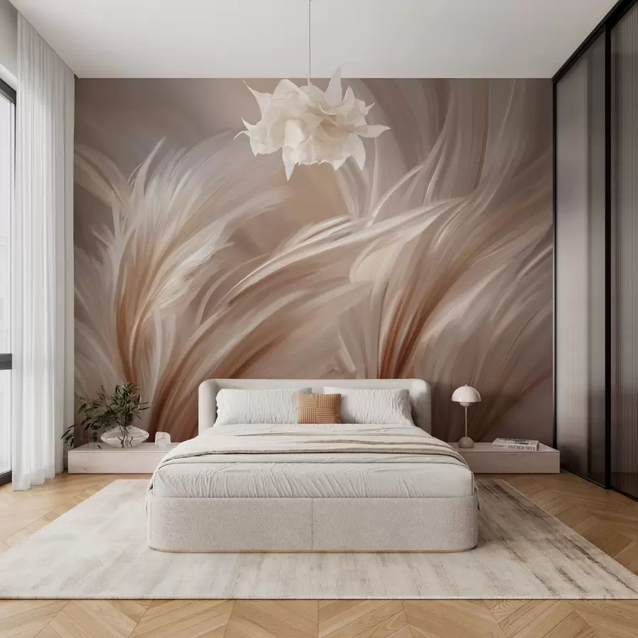 murales de pared Elegantes plumas en tonos beige y marrón w05658