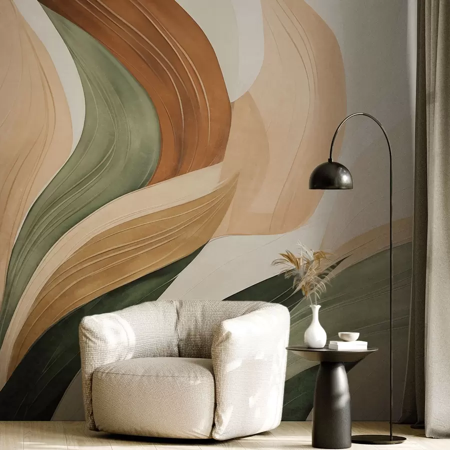 murales de pared Formas orgánicas abstractas en tonos tierra —verde, marrón y beige— con texturas fluidas w09894