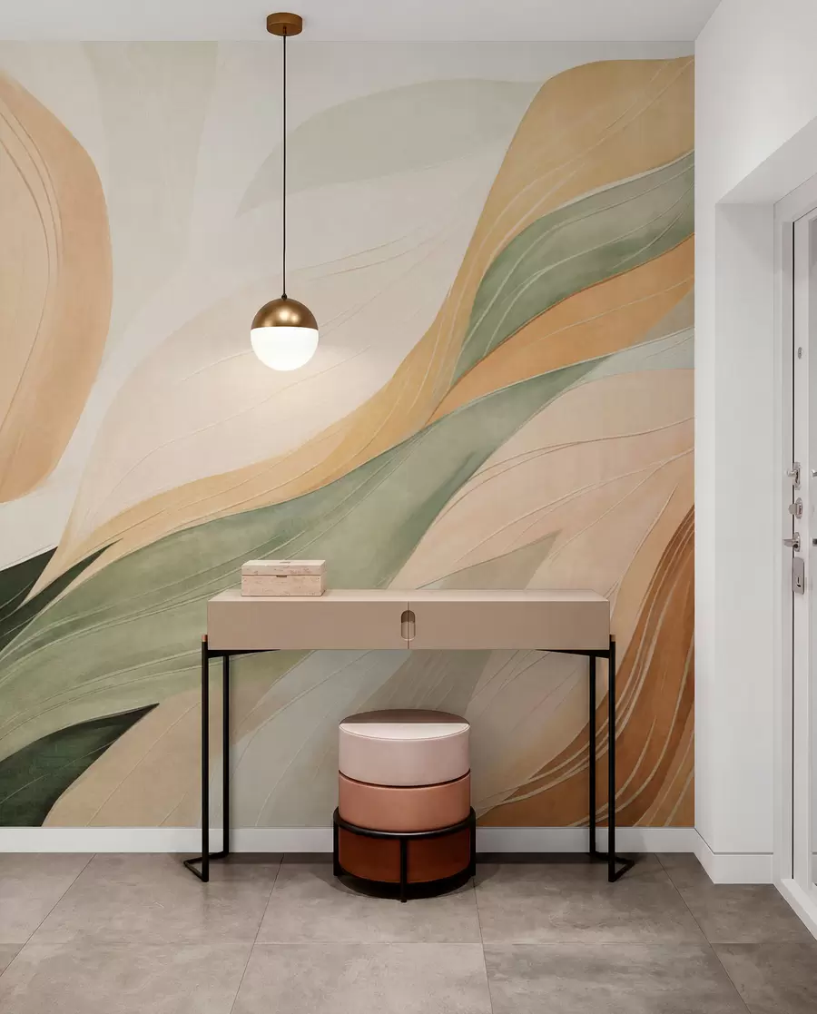murales de pared Formas orgánicas abstractas en tonos tierra —verde, marrón y beige— con texturas fluidas w09894