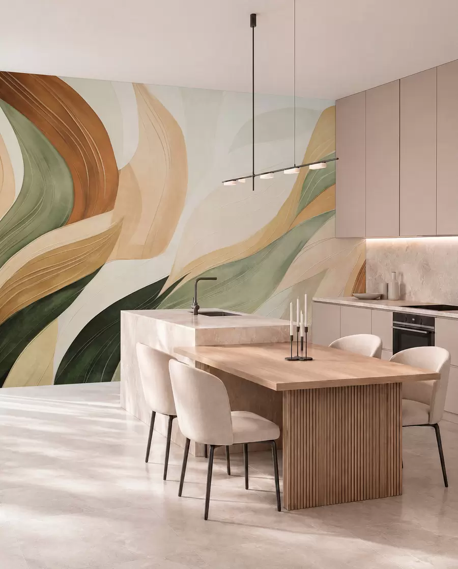 murales de pared Formas orgánicas abstractas en tonos tierra —verde, marrón y beige— con texturas fluidas w09894