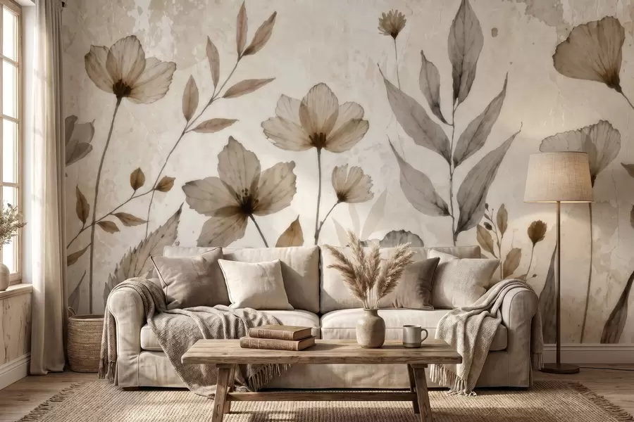 murales de pared Delicadas flores silvestres pintadas en acuarela en una suave paleta de tonos beige y crema w09875