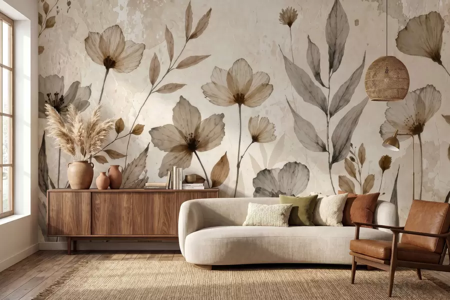 murales de pared Delicadas flores silvestres pintadas en acuarela en una suave paleta de tonos beige y crema w09875