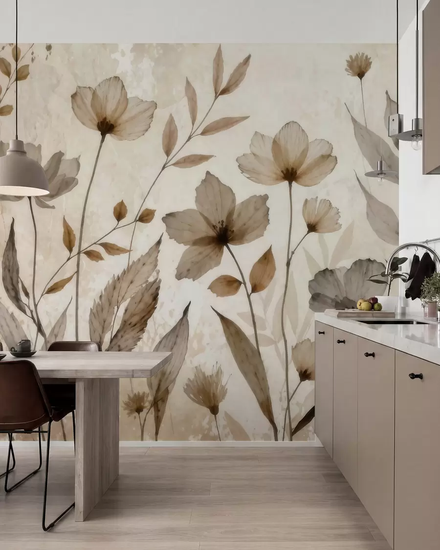 murales de pared Delicadas flores silvestres pintadas en acuarela en una suave paleta de tonos beige y crema w09875