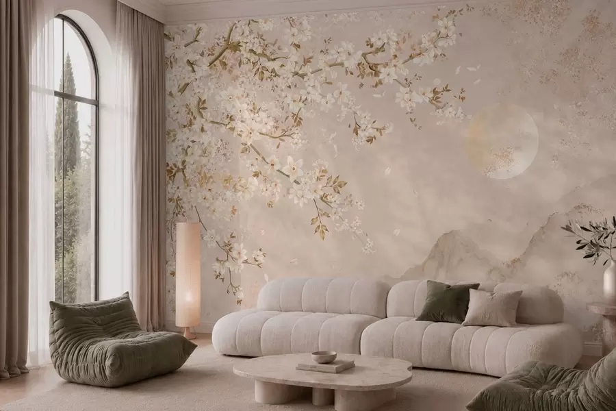 murales de pared Una rama en flor sobre las montañas envueltas en niebla y el sol w05695