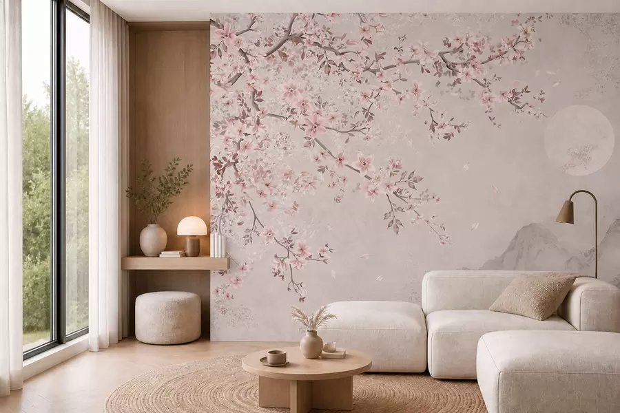 murales de pared Flores rosas en una rama sobre un apacible paisaje montañoso w05695v1