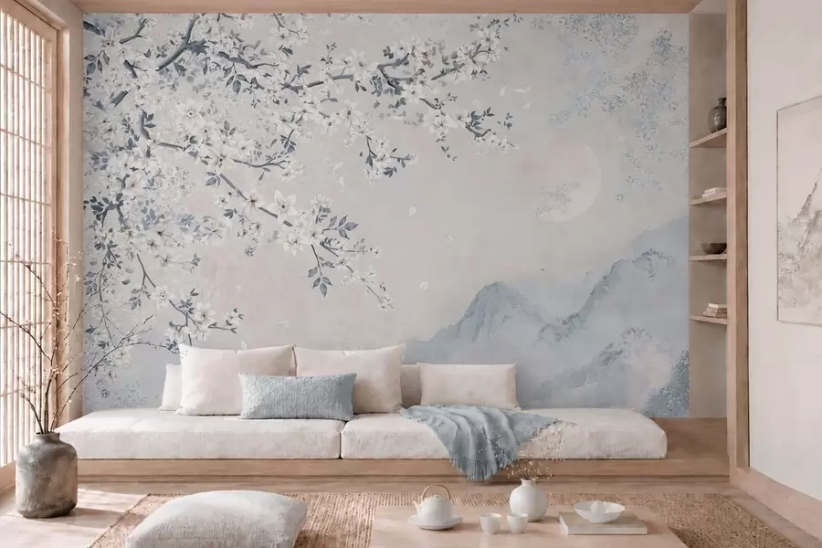murales de pared Una delicada rama en flor sobre montañas envueltas en niebla y la luna w05695v2