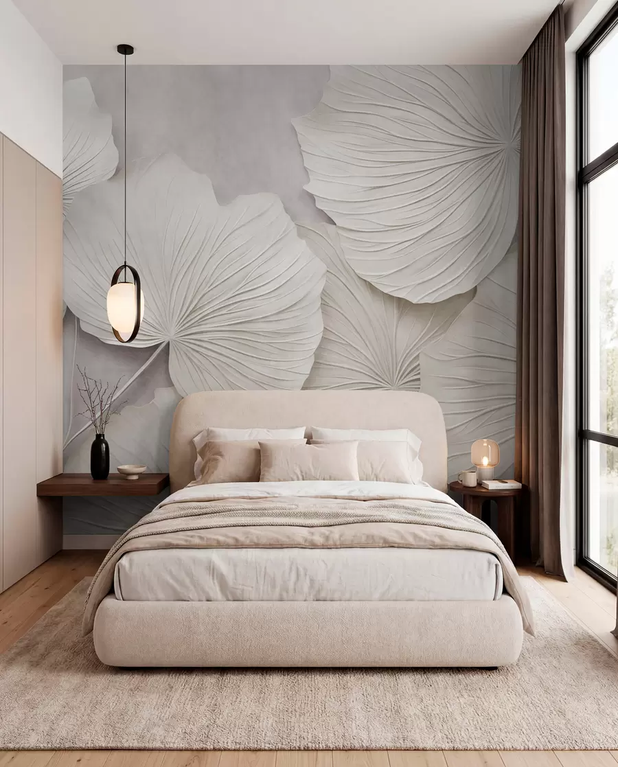 murales de pared Hojas grandes y con textura sobre un fondo suave y apagado; arte moderno minimalista w09897