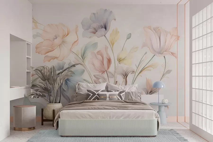 murales de pared Delicadas flores en tonos pastel de rosa, azul y amarillo con hojas verdes, sobre un fondo claro w09898