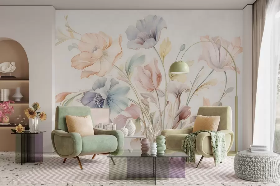 murales de pared Delicadas flores en tonos pastel de rosa, azul y amarillo con hojas verdes, sobre un fondo claro w09898